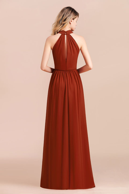 Long A-Line Halter Ruched Chiffon Bridesmaid Dress With Slit-BIZTUNNEL