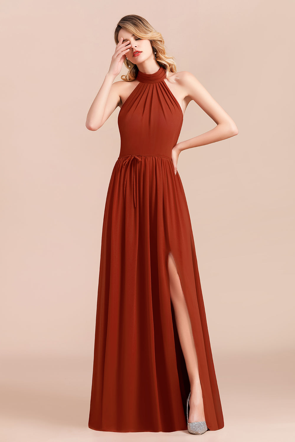Long A-Line Halter Ruched Chiffon Bridesmaid Dress With Slit BIZTUNNEL Long A-Line Halter Ruched Chiffon Bridesmaid Dress With Slit BIZTUNNEL
