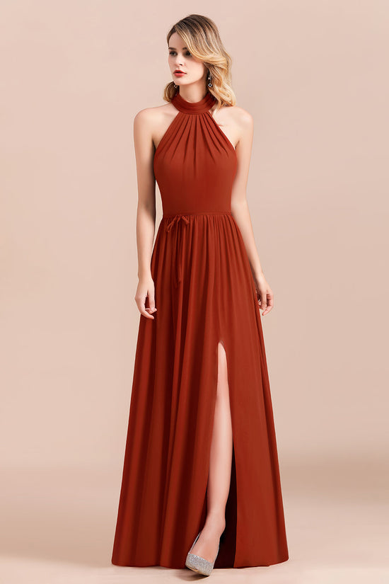 Load image into Gallery viewer, Long A-Line Halter Ruched Chiffon Bridesmaid Dress With Slit-BIZTUNNEL
