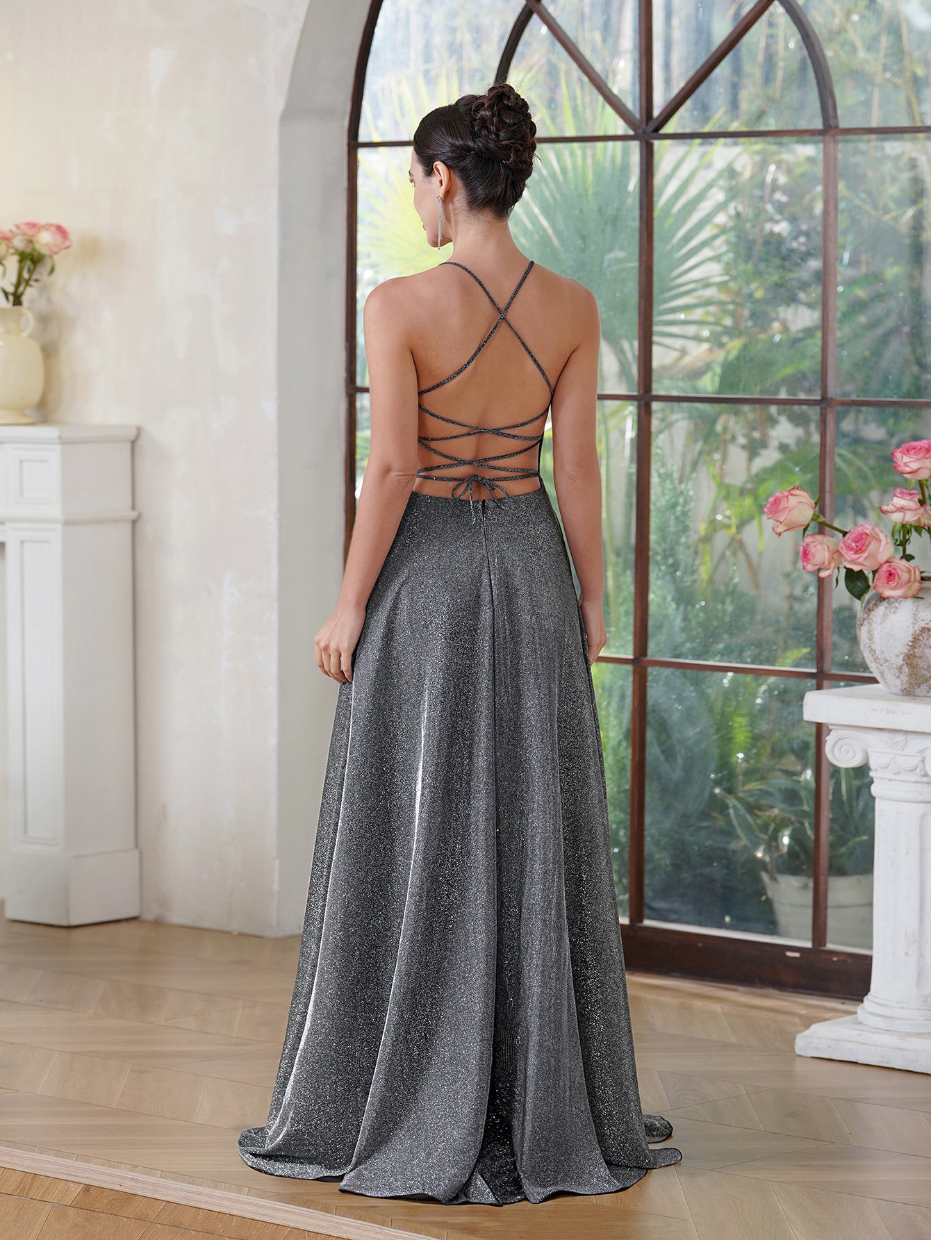 Glitter Halter Prom Dress, A-Line with Side Slit & Pocket BIZTUNNEL Glitter Halter Prom Dress, A-Line with Side Slit & Pocket BIZTUNNEL