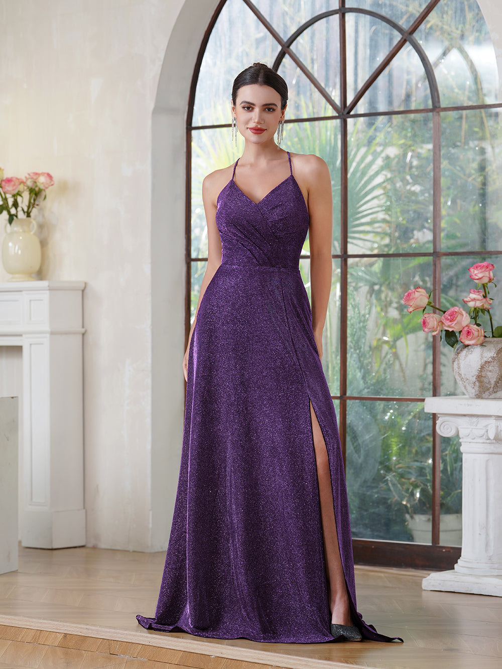Glitter Halter Prom Dress, A-Line with Side Slit & Pocket BIZTUNNEL Glitter Halter Prom Dress, A-Line with Side Slit & Pocket BIZTUNNEL
