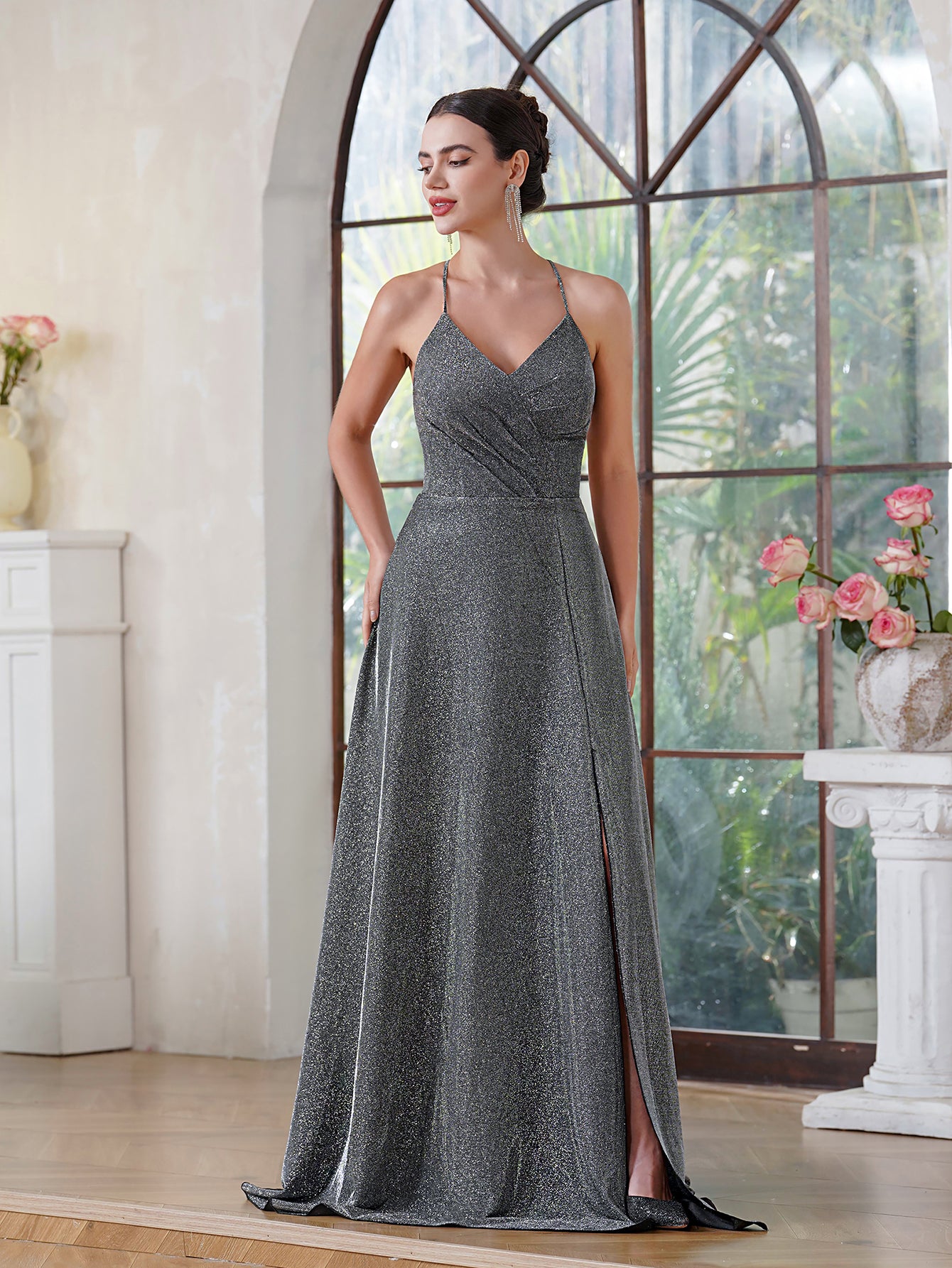 Glitter Halter Prom Dress, A-Line with Side Slit & Pocket Glitter Halter Prom Dress, A-Line with Side Slit & Pocket
