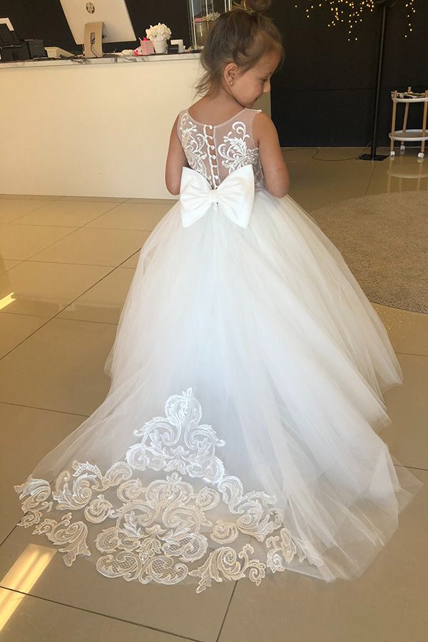 Long A-line Jewel Sleeveless Appliques Lace Tulle Flower Girl Dresses With Bow-BIZTUNNEL