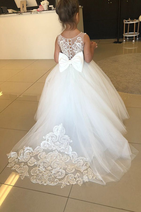 Long A-line Jewel Sleeveless Appliques Lace Tulle Flower Girl Dresses With Bow-BIZTUNNEL