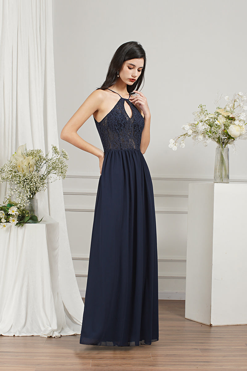Long A-line Keyhole Neckline Lace Spaghetti Chiffon Bridesmaid Dresses – BIZTUNNEL