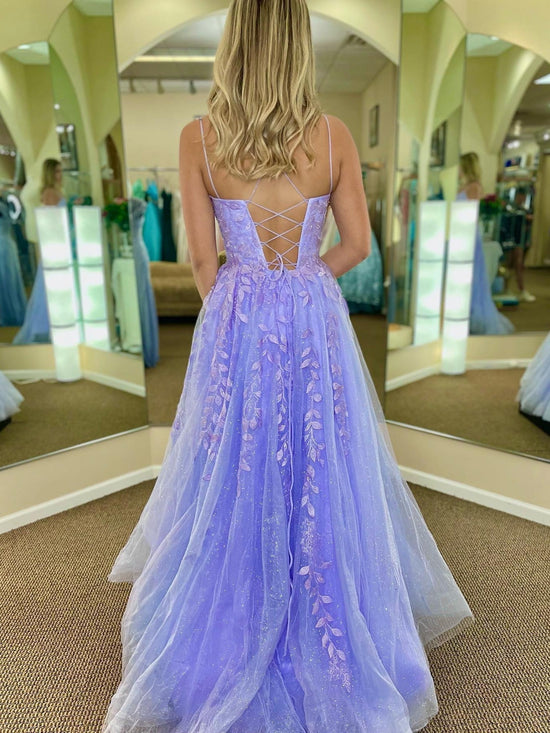 Long A-line Lace Tulle Backless Prom Dresses Purple Formal Evening Dresses-BIZTUNNEL
