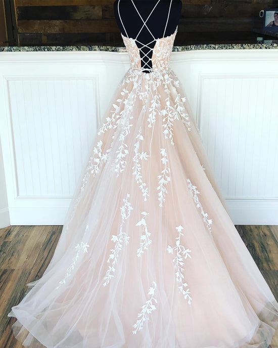 Carregar imagem no visualizador da galeria, Long A-line Lace Tulle Formal Graduation Evening Prom Dresses-BIZTUNNEL
