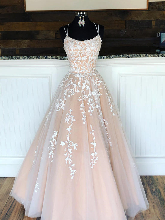 Load image into Gallery viewer, Long A-line Lace Tulle Formal Graduation Evening Prom Dresses-BIZTUNNEL
