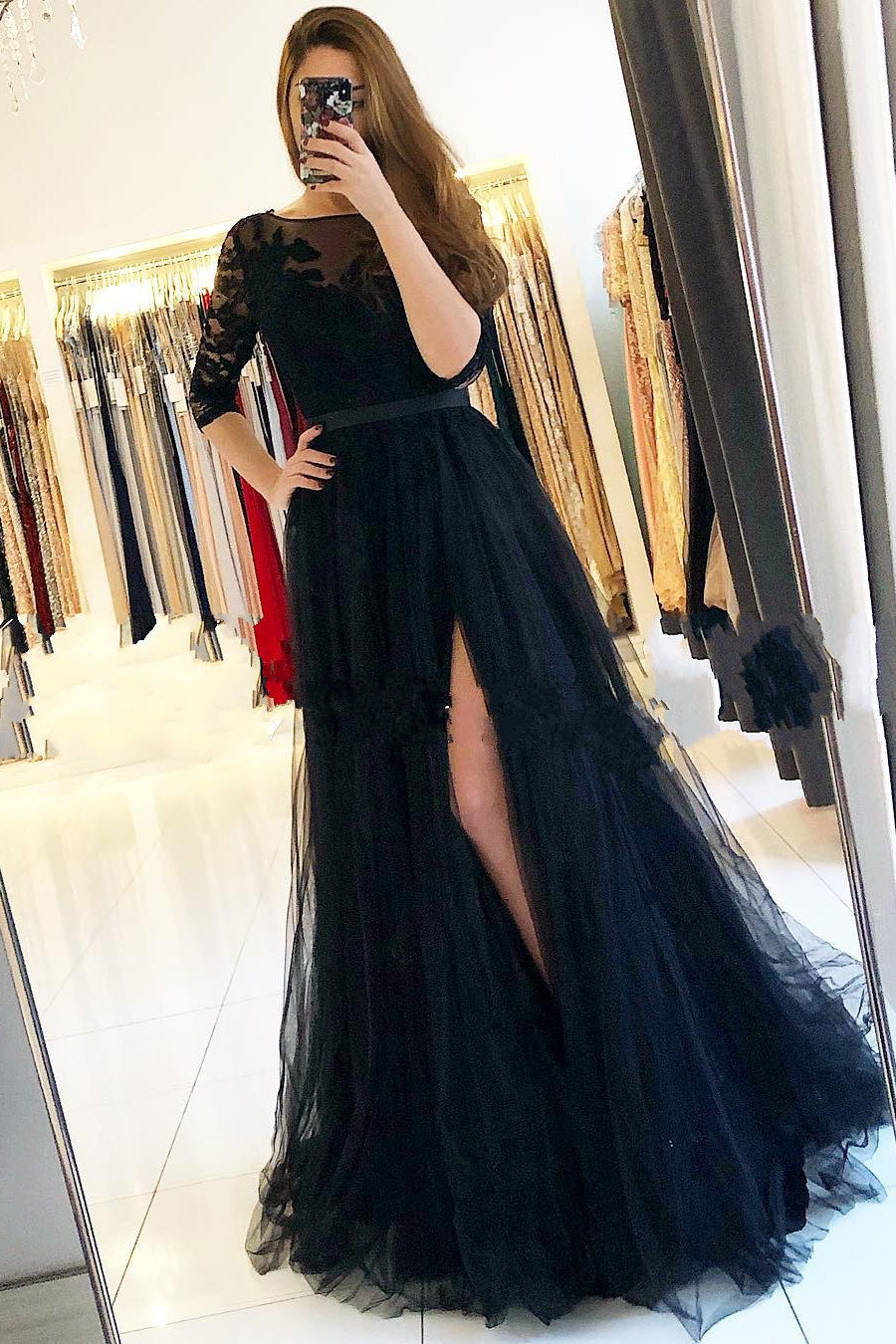 Long A-Line Lace Tulle Front Slit Black Prom Dress With Sleeves-BIZTUNNEL