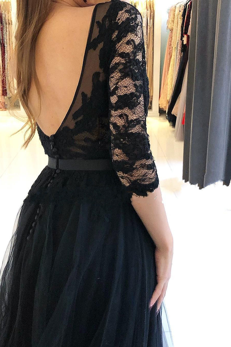 Long A-Line Lace Tulle Front Slit Black Prom Dress With Sleeves-BIZTUNNEL