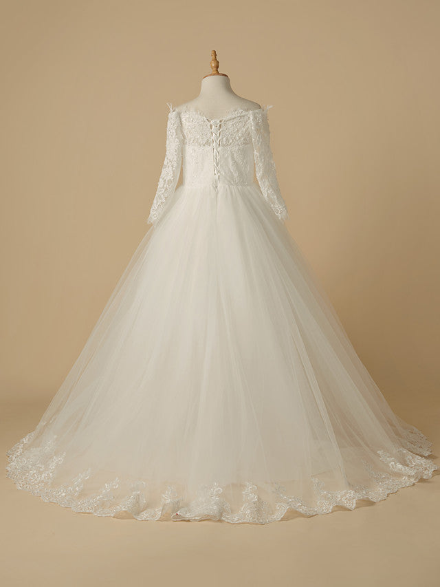 A-line Tulle Sweep Train Ivory First Communion Flower Girl Dress