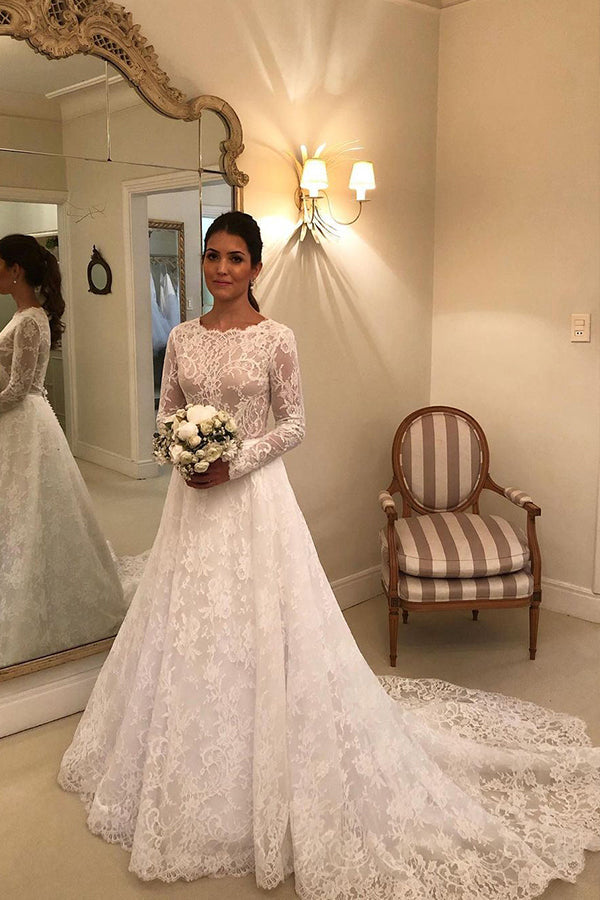 Long A-line Lace Wedding Dress with Sleeves – BIZTUNNEL