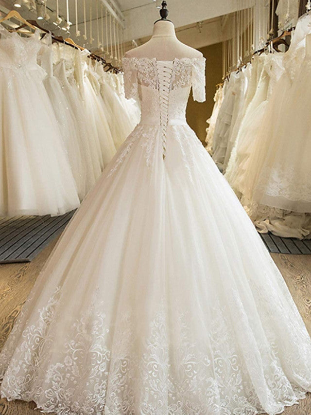 
                  
                    Long A-line Off Shoulder Court Train Lace Tulle Wedding Dresses with Sleeves-BIZTUNNEL
                  
                