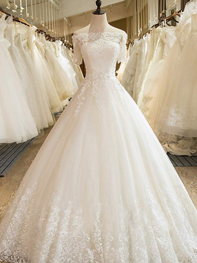 Long A-line Off Shoulder Court Train Lace Tulle Wedding Dresses with Sleeves-BIZTUNNEL