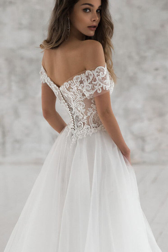 Gorgeous Long A-line Off the Shoulder Open Back Appliques Tulle Wedding Dresses