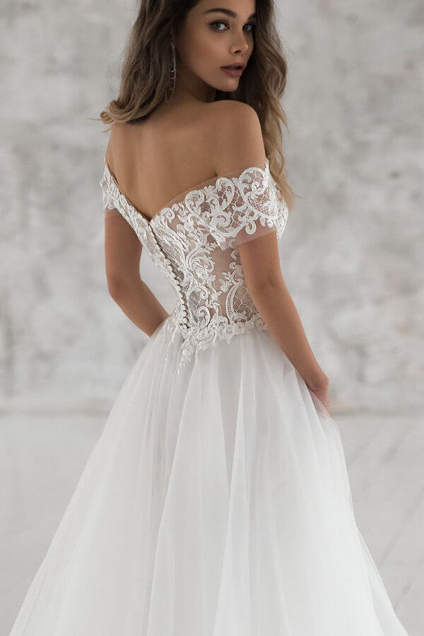 Long A-line Off the Shoulder Appliques Tulle Wedding Dress with Sleeves-BIZTUNNEL