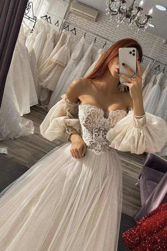 Long A-line Off The Shoulder Appliques Tulle Wedding Dress with Sleeves-BIZTUNNEL