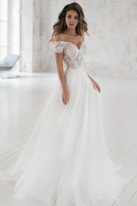 Long A-line Off the Shoulder Appliques Tulle Wedding Dress with Sleeves-BIZTUNNEL