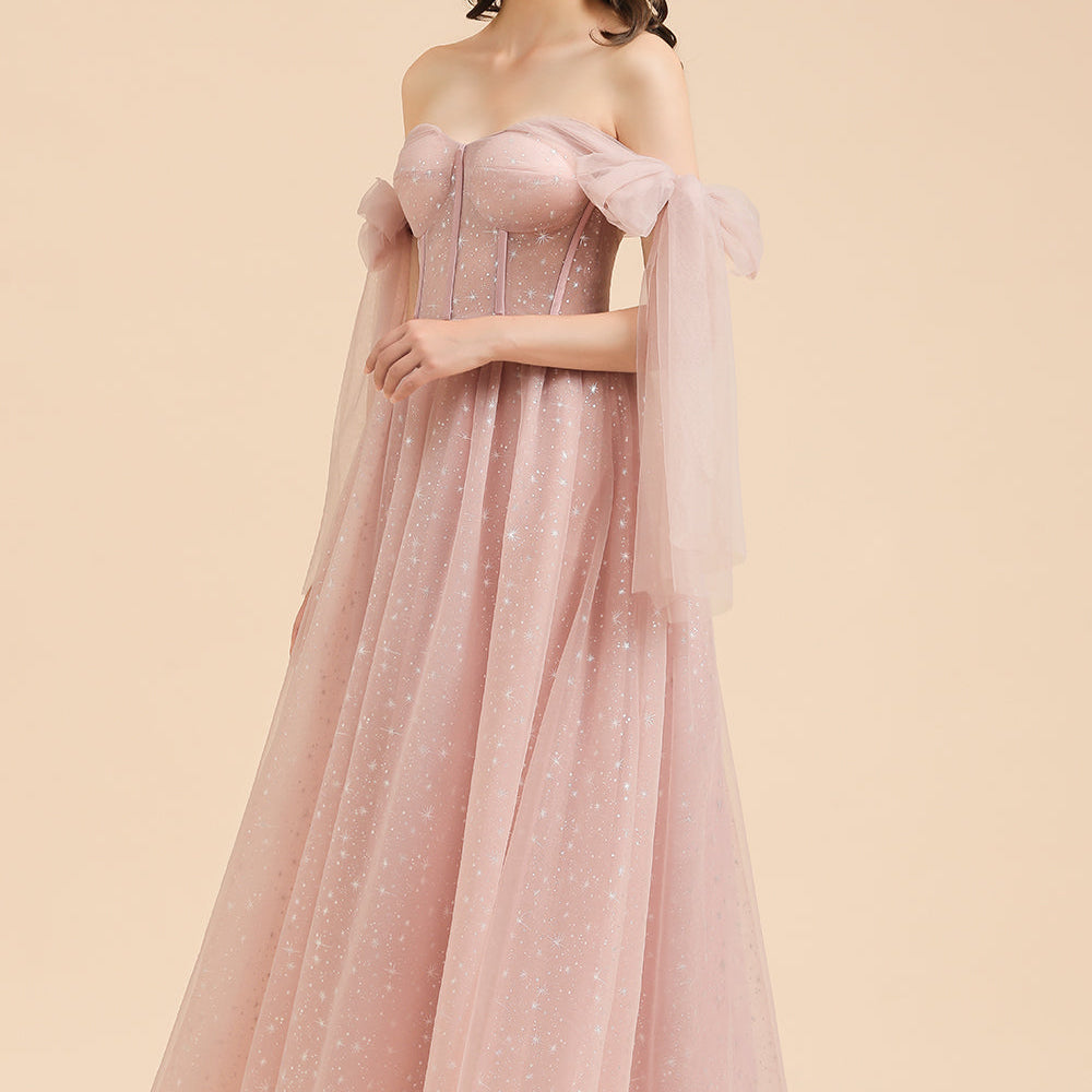 Long A-line Off The Shoulder Bow Tulle Pink Bridesmaid Dress BIZTUNNEL Long A-line Off The Shoulder Bow Tulle Pink Bridesmaid Dress BIZTUNNEL