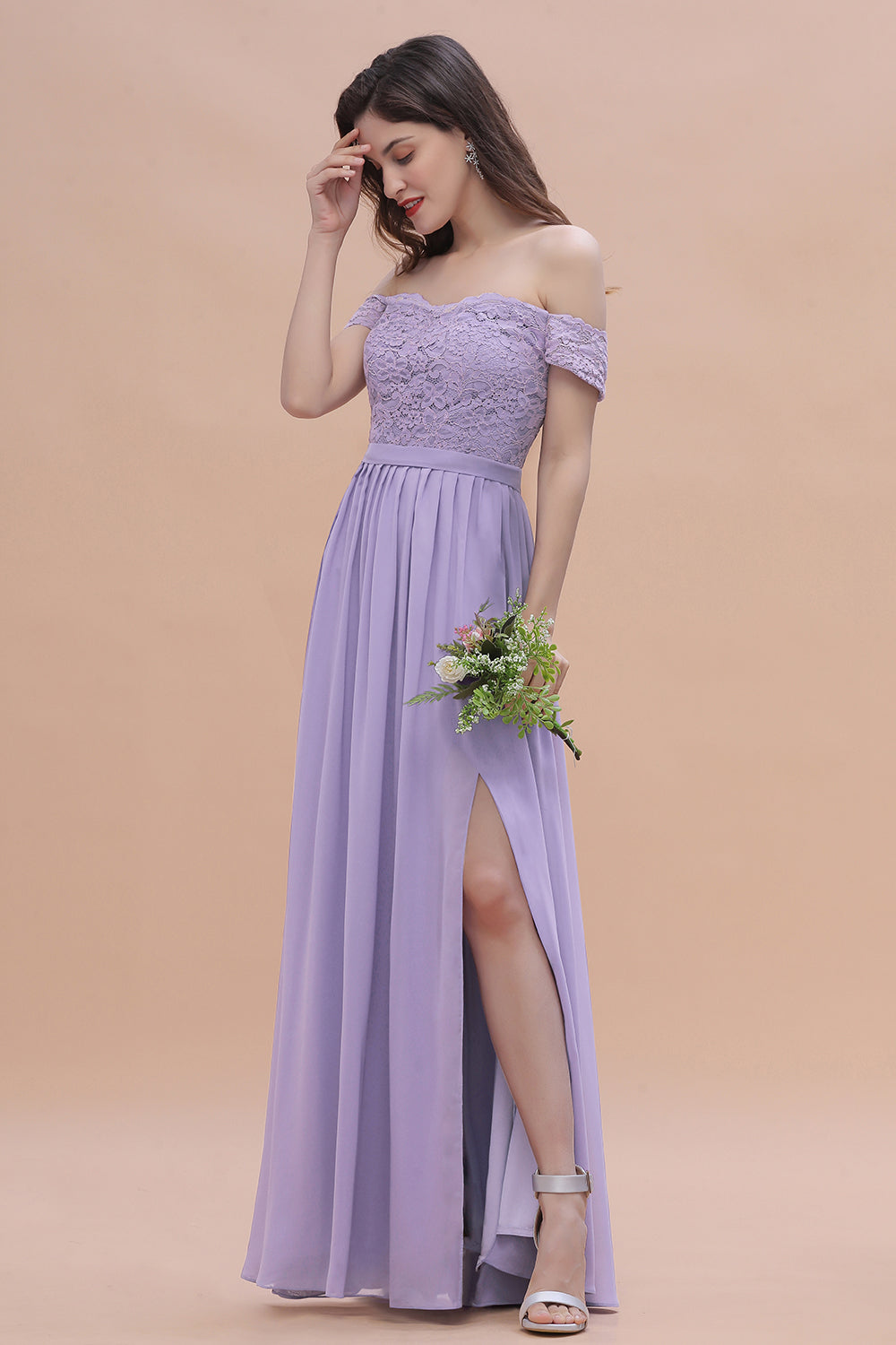 Long A-Line Off-the-Shoulder Chiffon Front Slit Bridesmaid Dress With Pockets-BIZTUNNEL