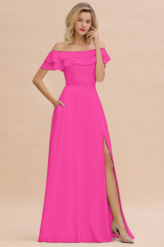 Long A-line Off-the-Shoulder Front Slit Bridesmaid Dress with Pockets-BIZTUNNEL