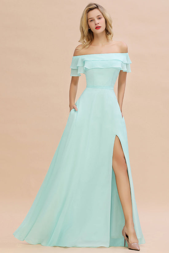 Long A-line Off-the-Shoulder Front Slit Bridesmaid Dress with Pockets-BIZTUNNEL