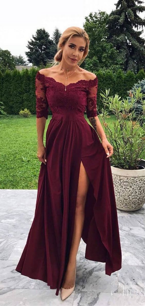 Long A-line Off-the-shoulder Front Slit Burgundy Prom Dress with Sleev