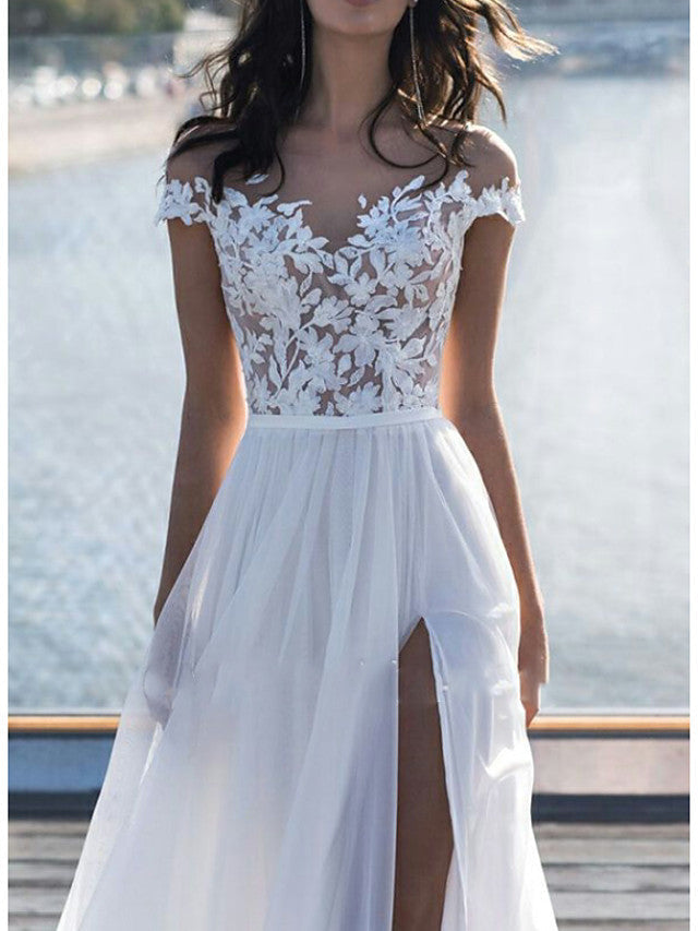 Load image into Gallery viewer, Long A-Line Off the Shoulder Lace Chiffon Wedding Dresses with Sleeves-BIZTUNNEL
