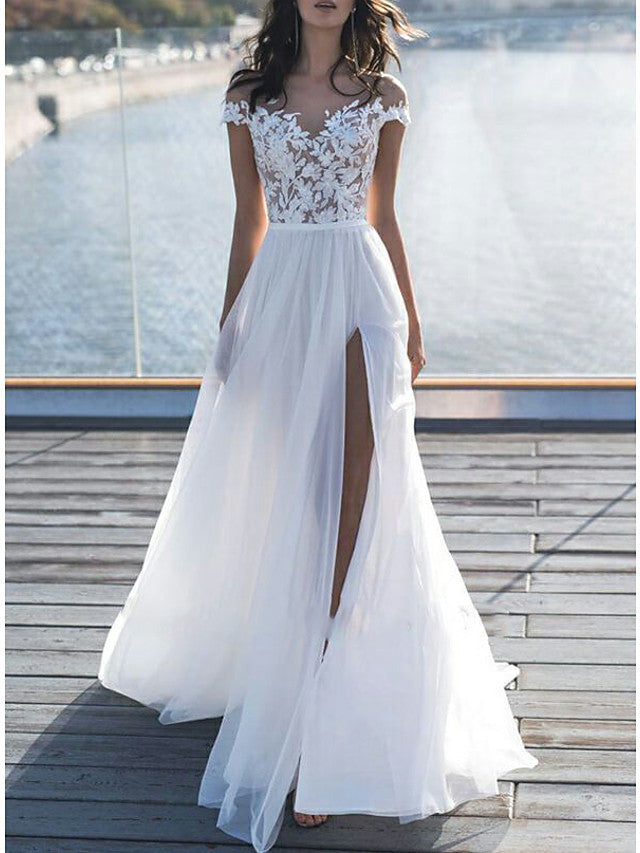 Carregar imagem no visualizador da galeria, Long A-Line Off the Shoulder Lace Chiffon Wedding Dresses with Sleeves-BIZTUNNEL
