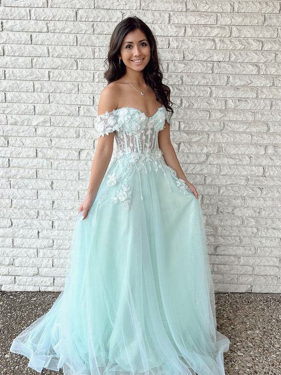Long A-line Off the Shoulder Lace Tulle Formal Prom Dress Mint Green Graduation Evening Dresses-BIZTUNNEL