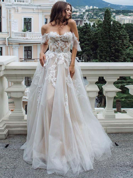 Long A-Line Off-the-Shoulder Lace Tulle Wedding Dresses-BIZTUNNEL