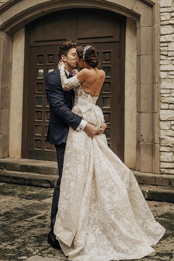 Long A line Off The Shoulder Lace Wedding Dress With Sleeves BIZTUNNEL