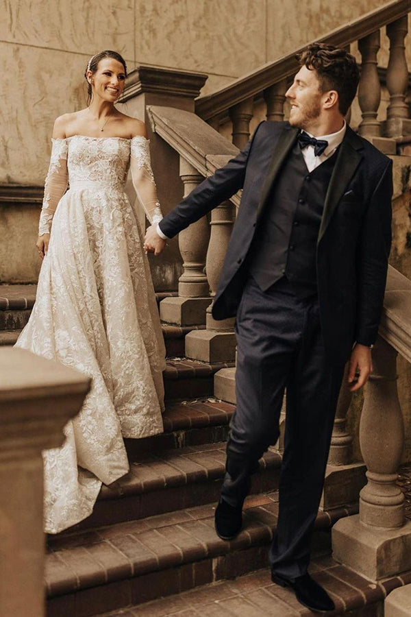 Gorgeous Long A-line Off-the-shoulder Wedding Dresses with Sleeves