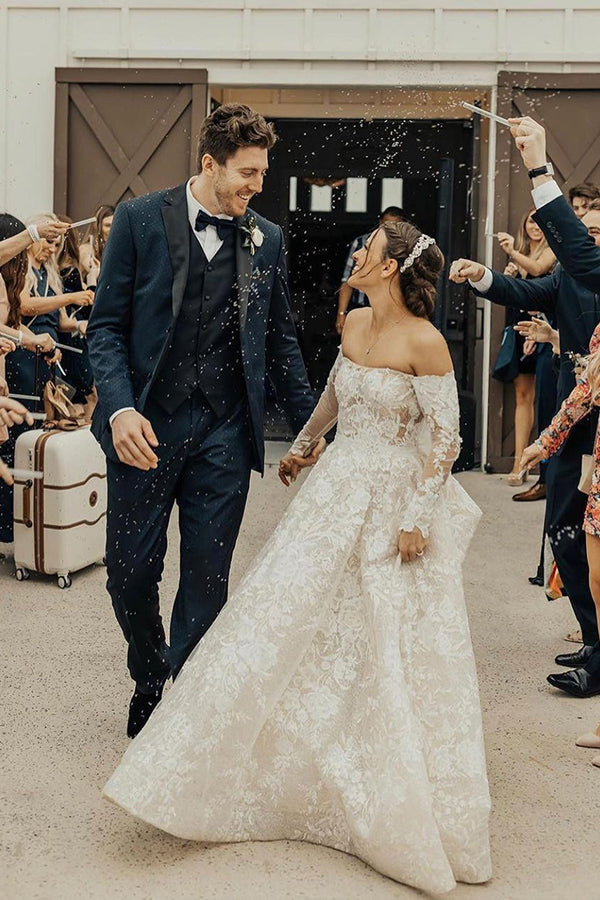 Long A line Off The Shoulder Lace Wedding Dress With Sleeves BIZTUNNEL