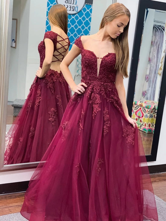 Long A-line Off the Shoulder Open Back Lace Prom Formal Evening Dresses-BIZTUNNEL