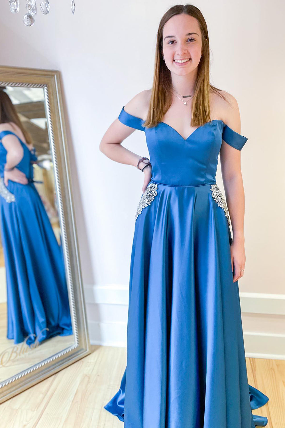 Load image into Gallery viewer, Long A-line Off-the-shoulder Prom Dress With Pockets Crystal Embellishment-BIZTUNNEL

