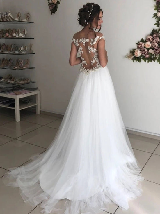 Load image into Gallery viewer, Long A-line Off the Shoulder Round Neck Tulle Lace Wedding Dresses-BIZTUNNEL
