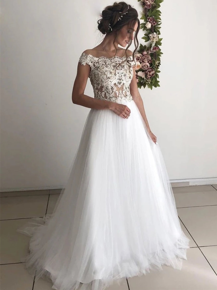 Long A-line Off the Shoulder Round Neck Tulle Lace Wedding Dresses-BIZTUNNEL