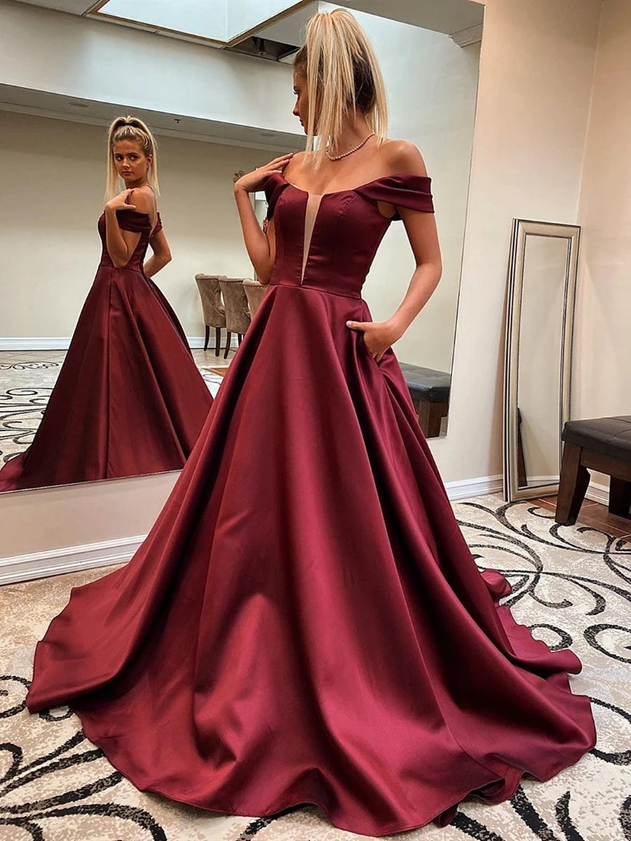 Long A-line Off the Shoulder Satin Formal Prom Dresses with Pockets-BIZTUNNEL