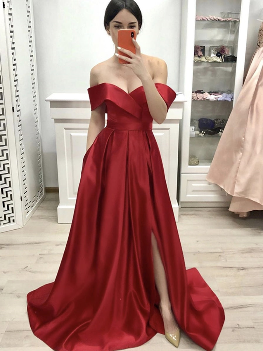 Load image into Gallery viewer, Long A-line Off the Shoulder Satin Front Slit Formal Prom Dresses with Pockets-BIZTUNNEL
