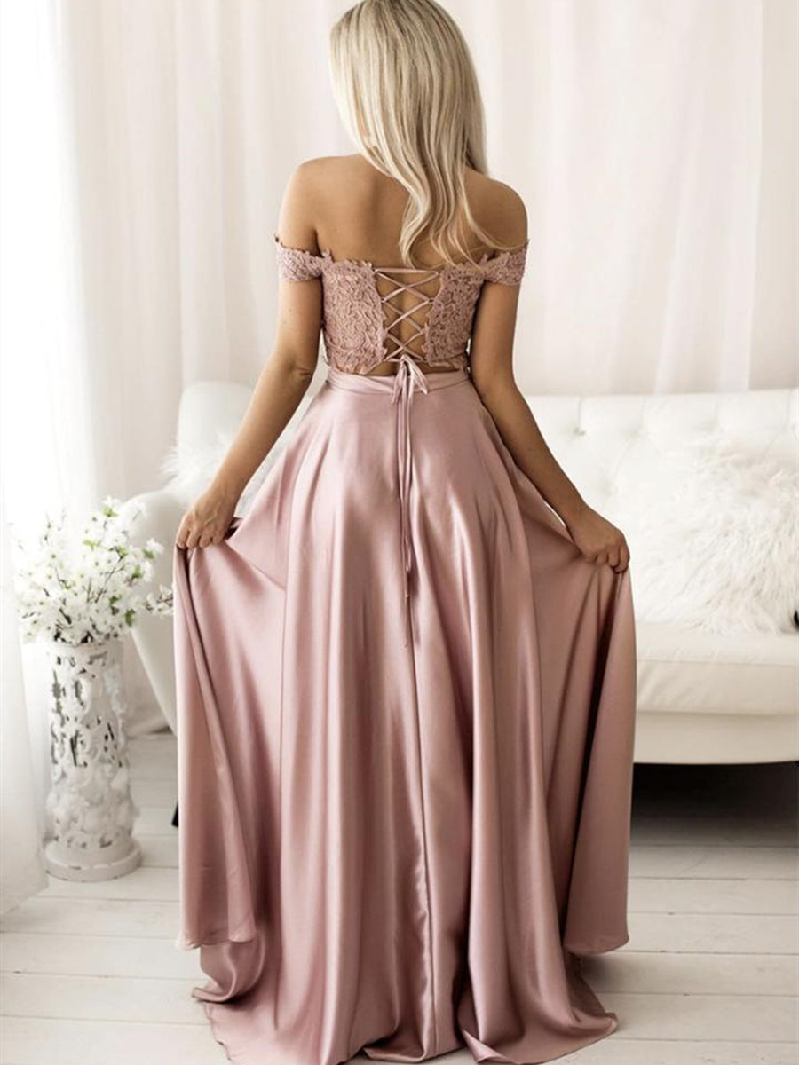 Long A-line off the Shoulder Satin Lace Two Piece Formal Prom Dresses-BIZTUNNEL