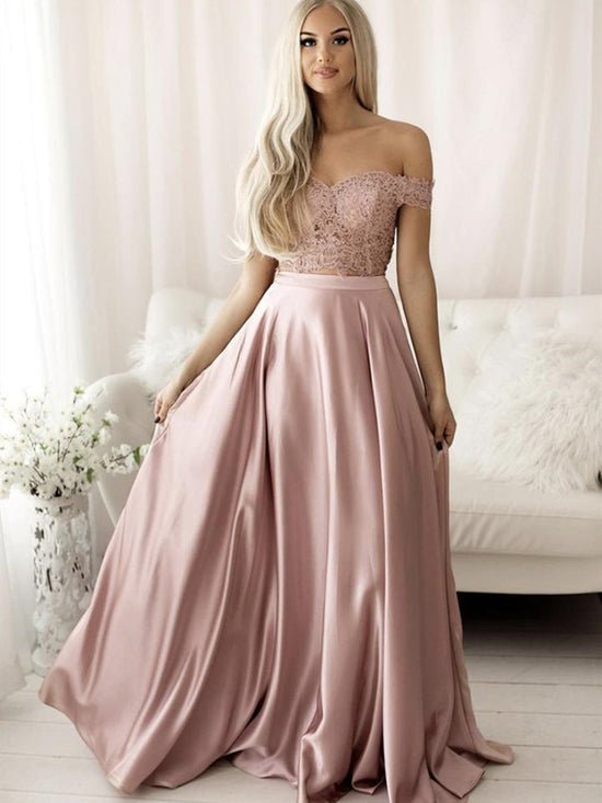 Long A-line off the Shoulder Satin Lace Two Piece Formal Prom Dresses-BIZTUNNEL