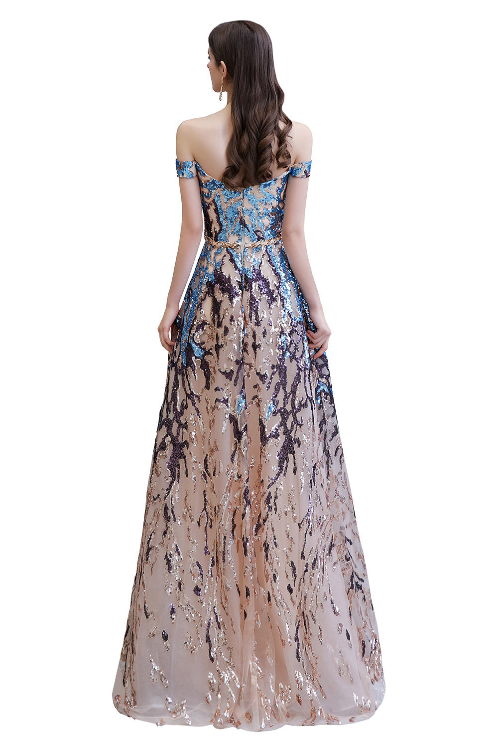 Load image into Gallery viewer, Long A-line Off-the-Shoulder Sequins Prom Dress-BIZTUNNEL
