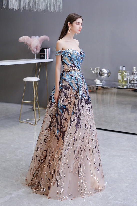 Carregar imagem no visualizador da galeria, Long A-line Off-the-Shoulder Sequins Prom Dress-BIZTUNNEL
