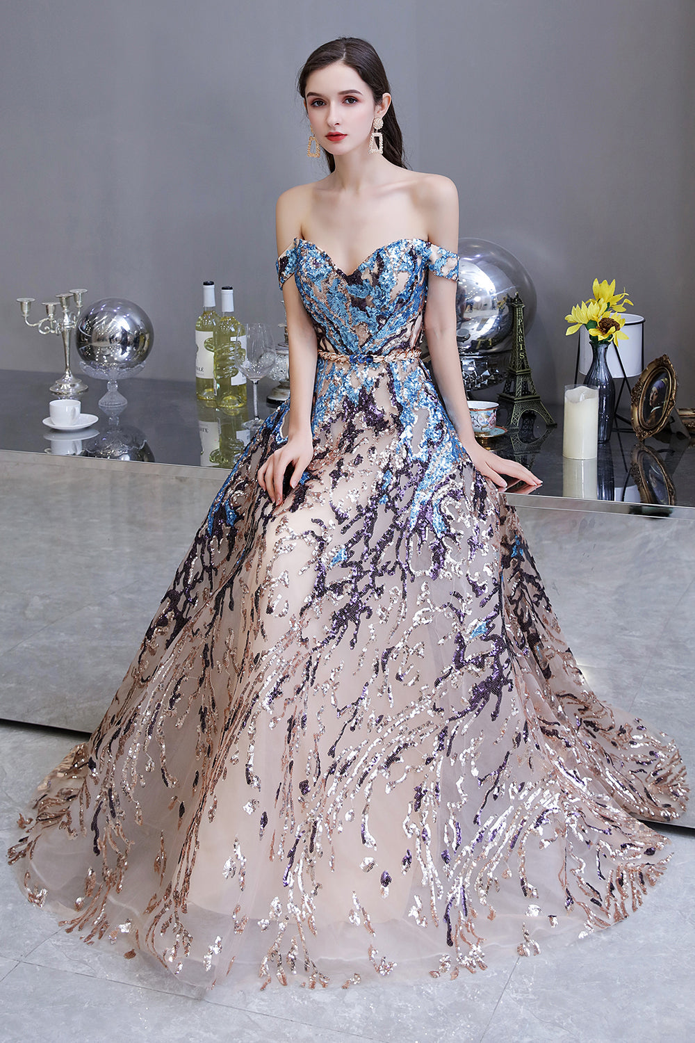 Long A-line Off-the-Shoulder Sequins Prom Dress-BIZTUNNEL