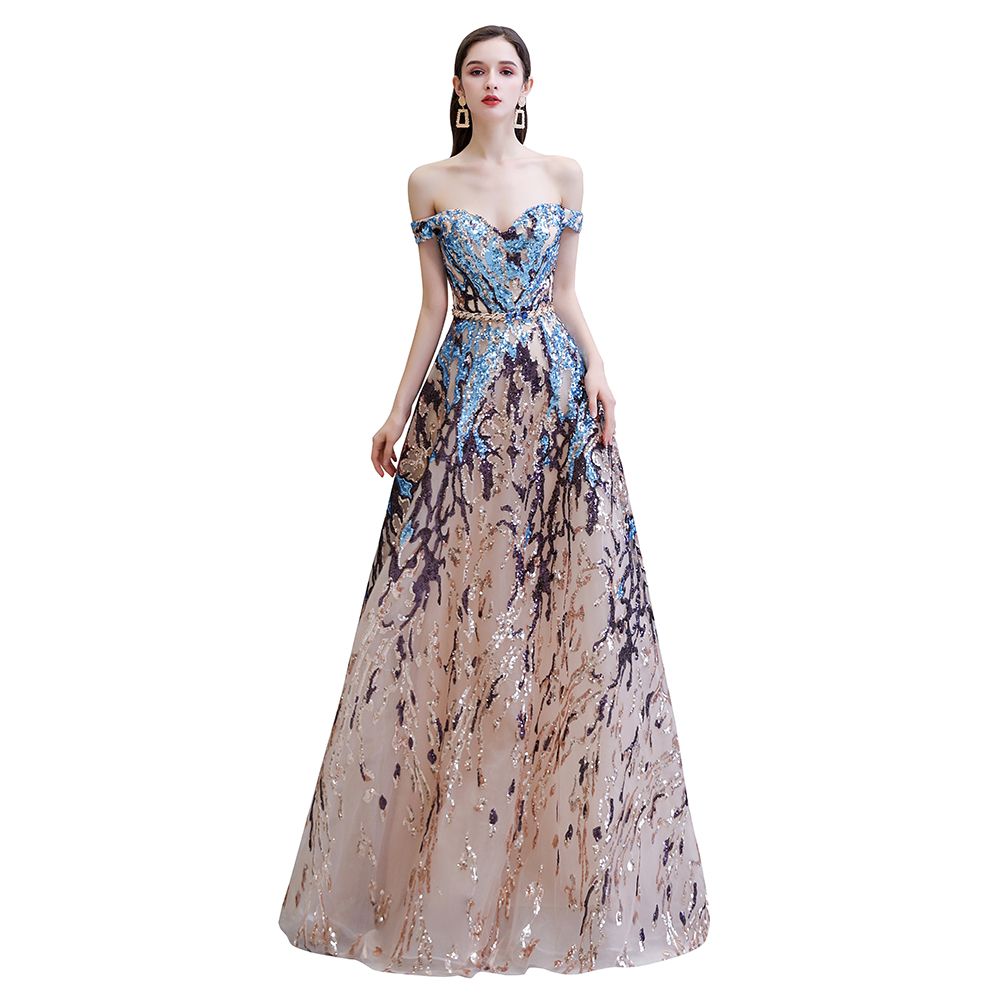 Carregar imagem no visualizador da galeria, Long A-line Off-the-Shoulder Sequins Prom Dress-BIZTUNNEL
