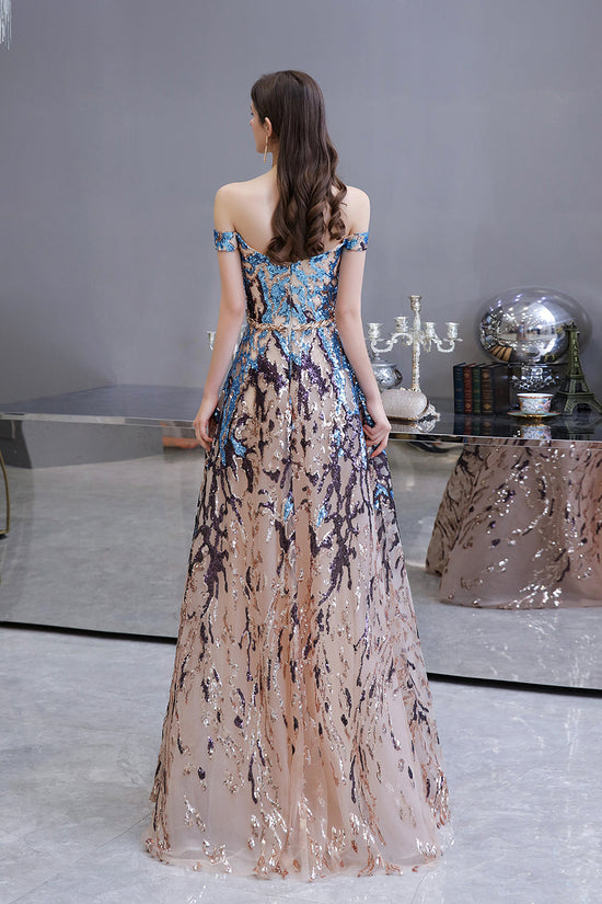 Laden Sie das Bild in den Galerie-Viewer, Long A-line Off-the-Shoulder Sequins Prom Dress-BIZTUNNEL
