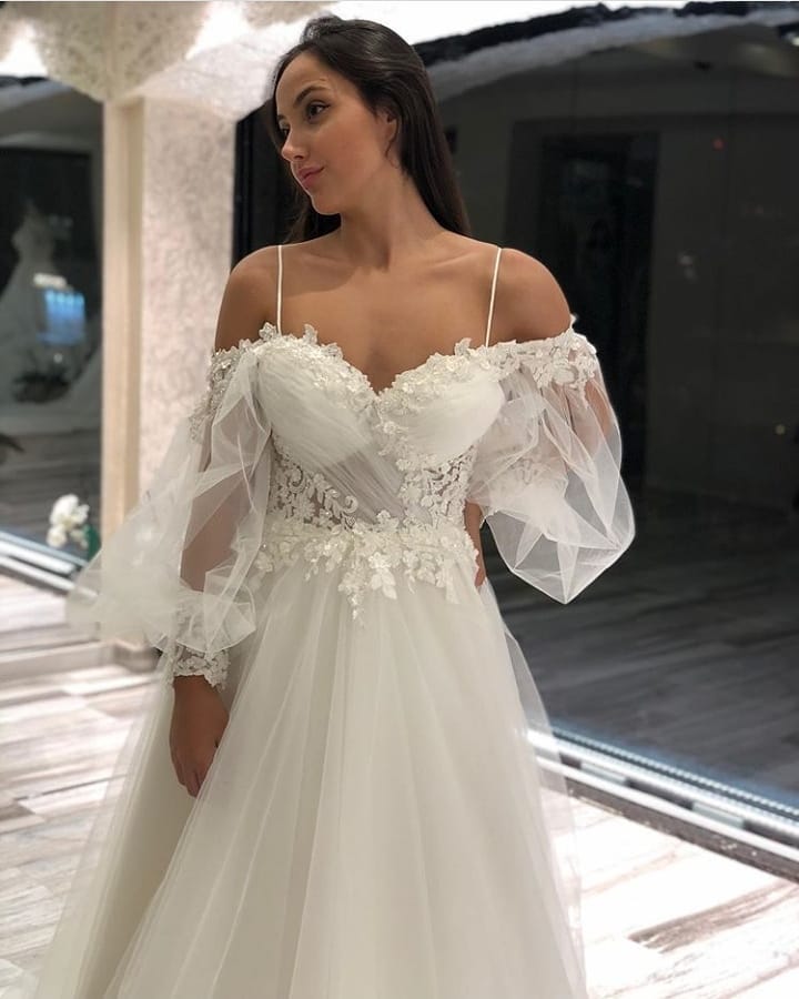 Sweetheart Tulle Off The Shoulder Appliques Cheap Wedding Dress