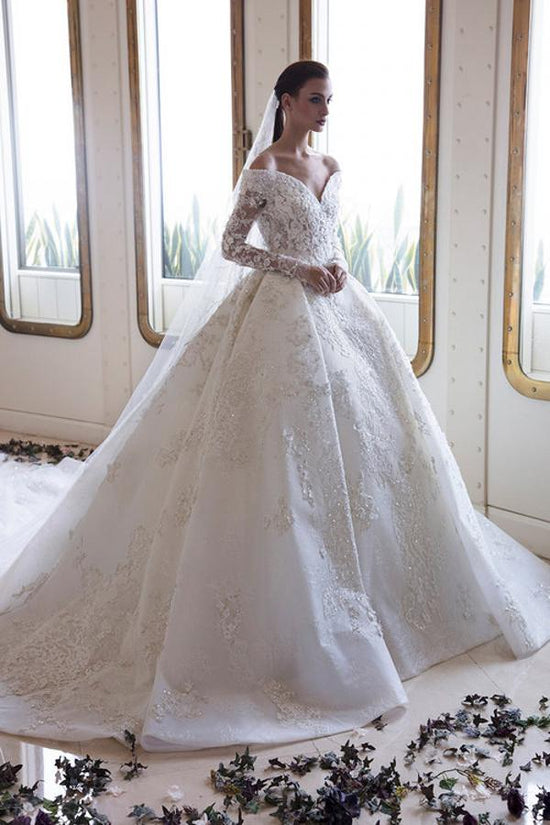 Carregar imagem no visualizador da galeria, Long A-Line Off-the-Shoulder Sweetheart Backless Appliques Lace Crystal Wedding Dress with Sleeves-BIZTUNNEL
