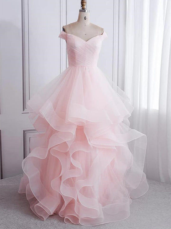 Long A-line Off the Shoulder Tulle Fluffy Graduation Prom Dresses-BIZTUNNEL